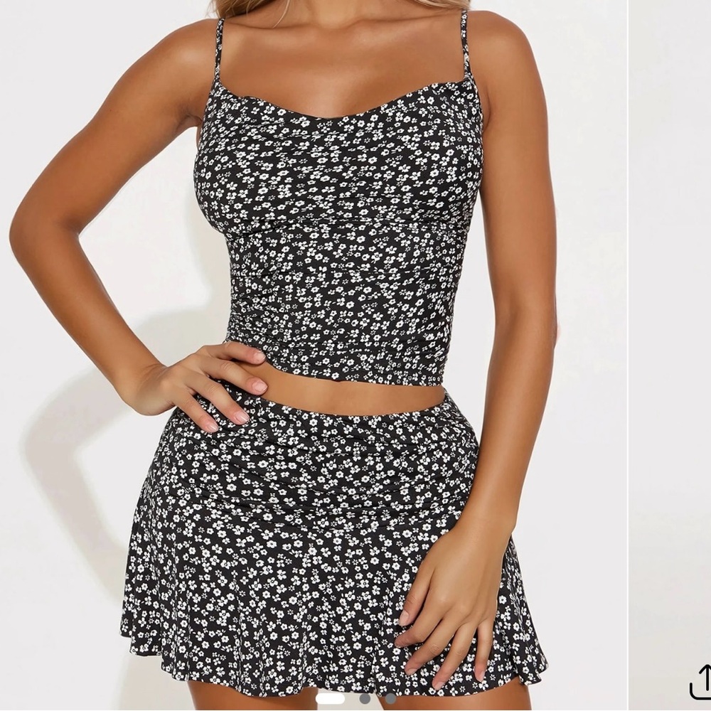 Floral Black and White Two-Piece Skirt Set